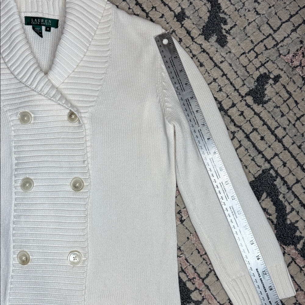 Lauren Ralph Lauren Ivory Cream Double-Breasted Cardigan Sweater 100% Cotton - M - Picture 14 of 16